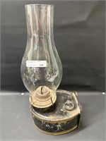 Primitive Kerosene Pan oil lamp w Chimney