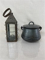 Antique Tin Lantern and Cast Iron Kettle
