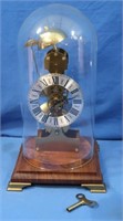 German Kieninger Clock, Glass Dome Cloche, Wood