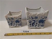 Blue Onion Square Pottery Vases Footed