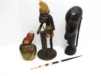 2 AFRICAN STATUES, AFRICAN PORCUPINE QUILL, BELL