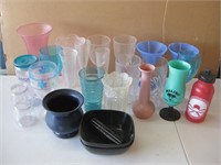 Twenty-Five Pieces Plastic Cups, Vases & More