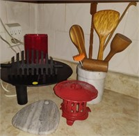 Kitchen Utensils, Cast Iron Pedestal, etc