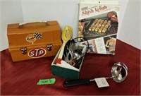 Vintage lunch box, assorted silverware and shish