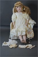 Vintage Porcelain Doll w/High-Back Chair
