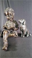 Bronze Color Resin Statue of Boy Reading/dog