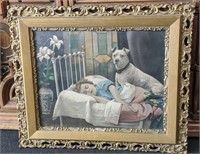 Vintage Guard Dog Print in Ornate Wooden Frame