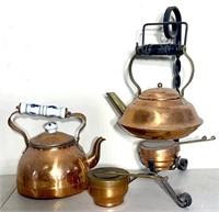 Copper teapot on wrought iron stand w/warmer