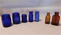 7 cobalt & amber glass apothecary jars