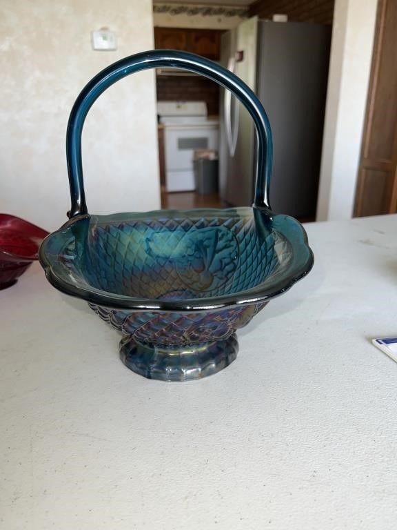 Indiana Canterbury blue carnival glass basket