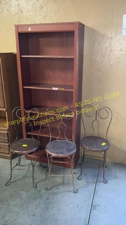 Bookcase and 3 ice cream parlor chairs