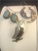 Sterling Silver Owl Pin, 2 Pair Sterling Earrings