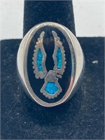 Silver Tone Turquoise Eagle Ring