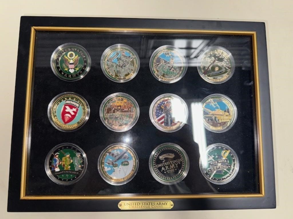12 Police Issue Challenge Coins in Display Case