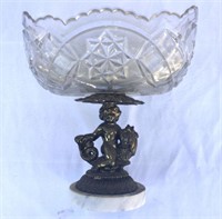 Glass compote with brass statue on round marble