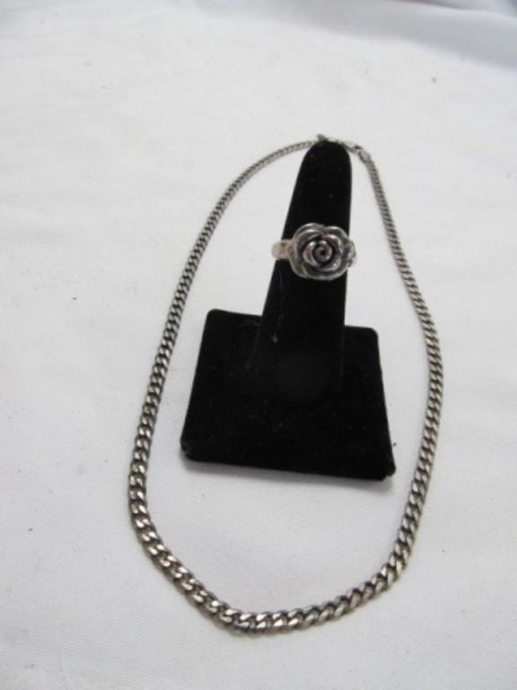 Sterling Silver Rose Ring & Flat Link Chain