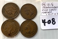 4 U.S. Indian Head One Cent Coins(1902x2, 1909x2)
