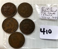 5 U.S.Indian Head One CentCoins(1886x2,1888x2,1889