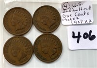 4 U.S. Indian Head One Cent Coins(1906x2,1907x2)