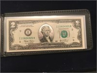 COLORIZED SILVER $2 BILL IN LEATHER WALLET
