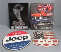(4) Tin signs, includes round Jeep 12" sign, etc.