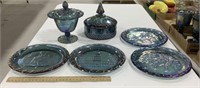 Blue/green Carnival glass dishes & plates