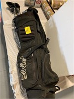 PING GOLF CLUB BAG W/ CLUBS OF ALL KINDS