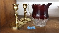 PAIR OF BRASS CANDLESTICK HOLDERS & RUBY & CLEAR