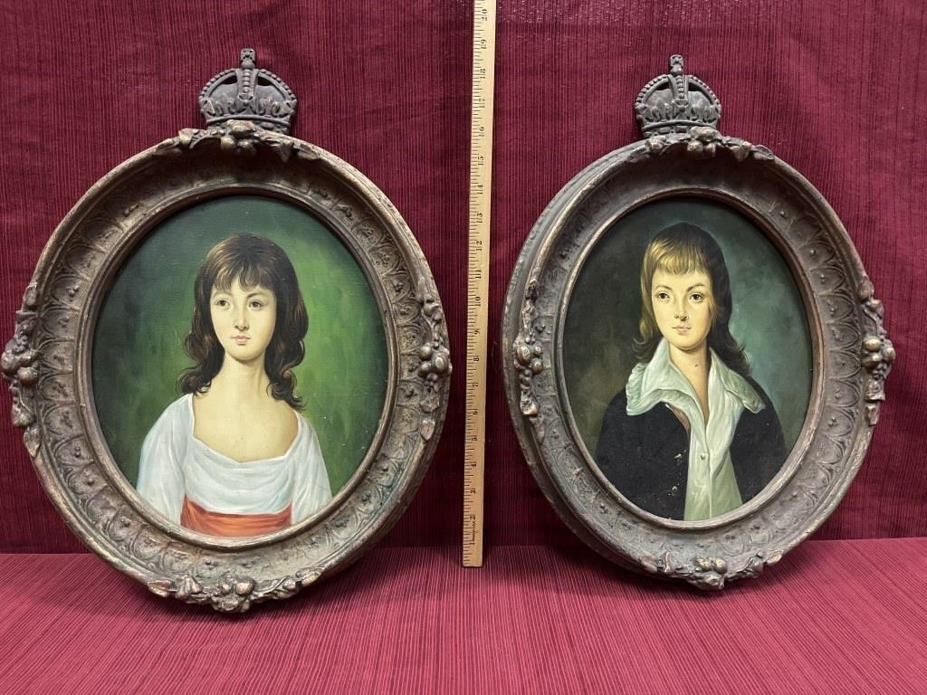 Pair original oil on panel portraits in oval