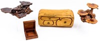 2 Burl Wood Deco Pieces & Wood Jewelry Box +