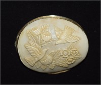 14K Gold & Carved Shell Birds/Flowers Cameo