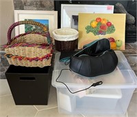 V - BASKET, FRAMED ART, BIN W/ CONTENTS (L2)