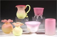 ASSORTED BURMESE AND PEACHBLOW GLASS ARTICLES,