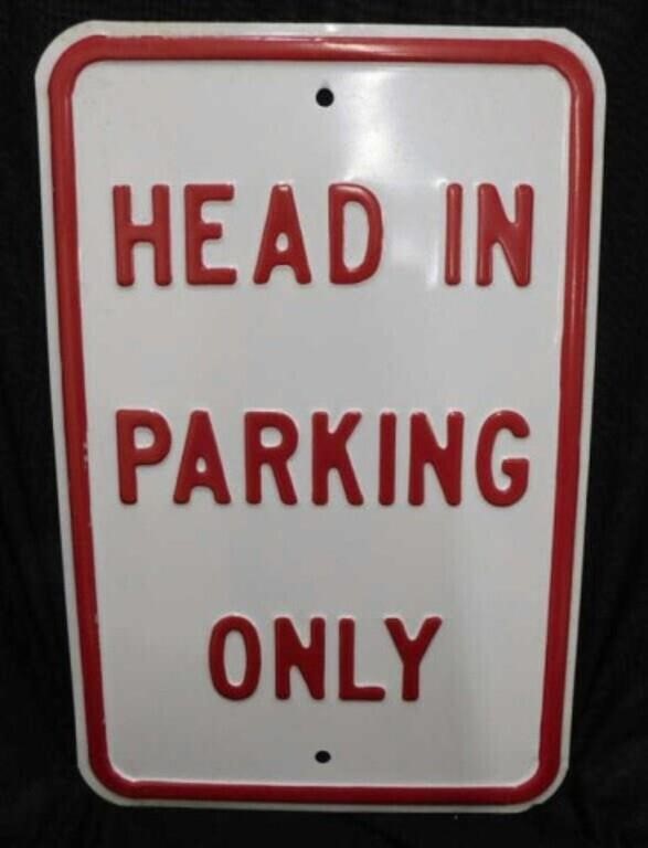 Retired Head In Parking embossed metal road sign,
