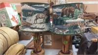 PAIR OF RUSTIC LOG TABLE LAMPS W/ WILDLIFE SHADES