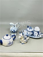 6 pc Delft - creamers, sugar & mini teapot
