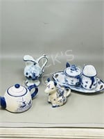 6 pc Delft - creamers, sugar & mini teapot