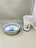2 pc Delft - basket style bowl & vase w/ tulips