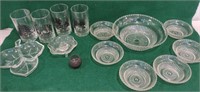 Clear glass Berry dishes, candle holder,