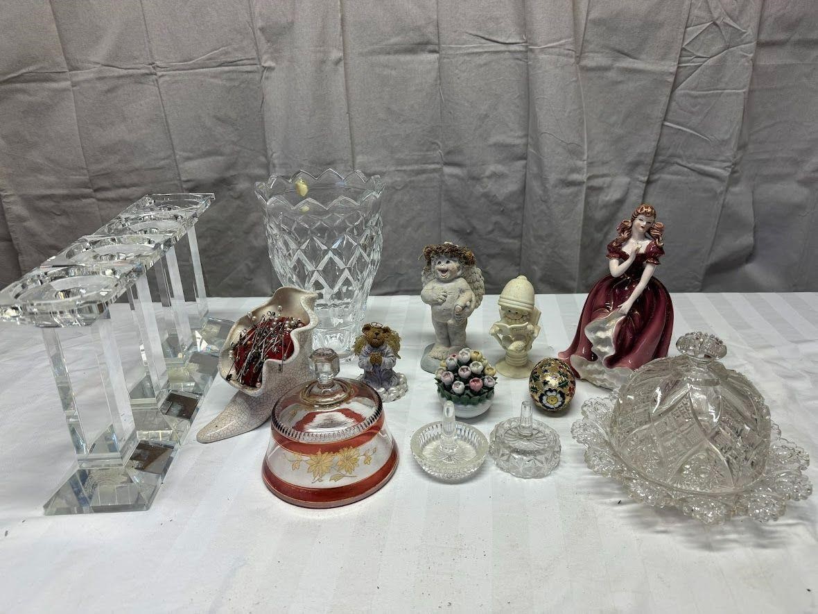 4 Candlestick, Vase, Candy Dish, & Misc Figurines