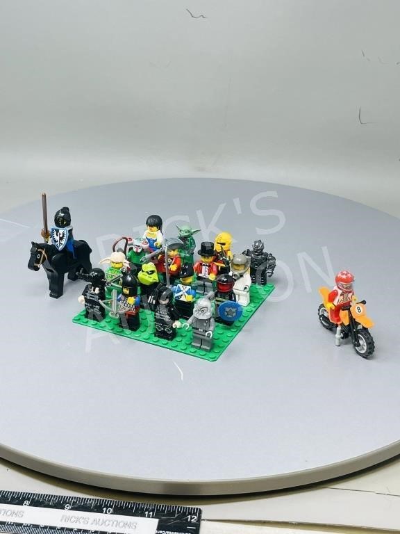 16 LEGO men + knight on horse, motorcycle