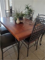 Wood Dining Table W/ 6 Metal Frame Chairs