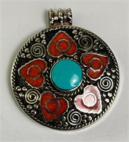 Vintage Alpaca Turquoise/Coral Amber Pendant 40 Gr