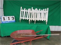 PLASTIC FENCE PIECES (3), RED WHEELBARROW GARDEN