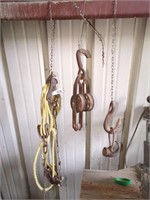 Vintage pulleys, hooks, chain etc