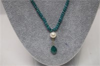 10K Clasp Necklace w/ Pearl & Green Faceted Beads