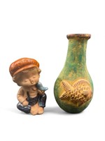 Redware Clay Blue Boy & Ceramic Vase