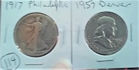 1917 P & 1957 D silver US half dollars