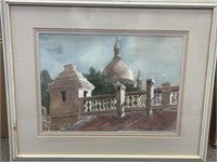 Original watercolor of church, Texas artist  Nel D