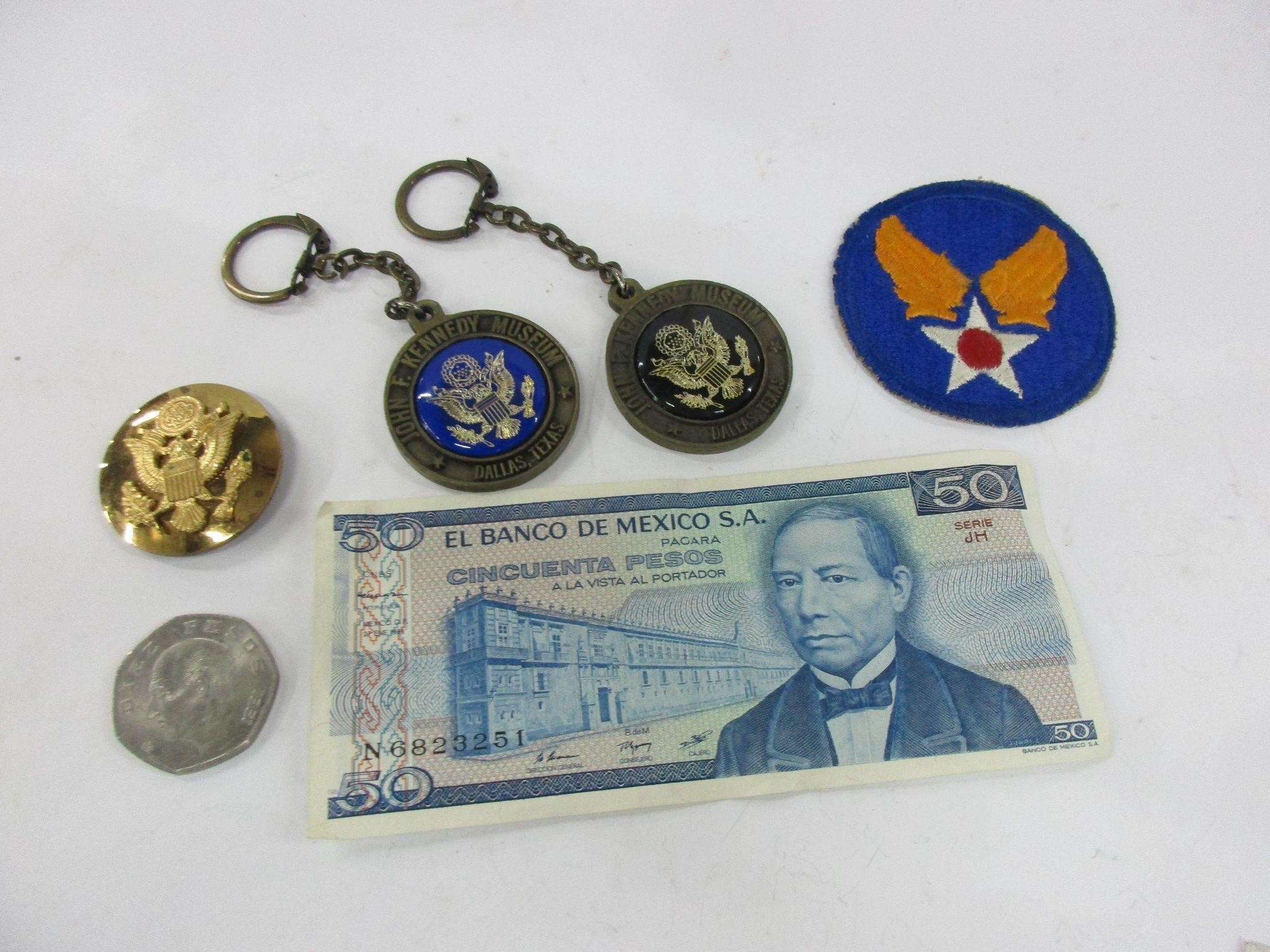 Foreign currency, keychains, military items